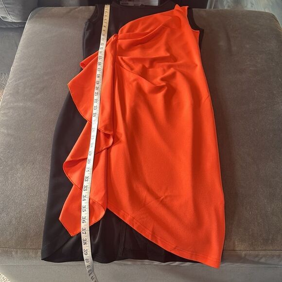 Women’s Black & Orange Asymmetrical Ruffled Front Midi Dress Zip Up Back Size M - Picture 7 of 13